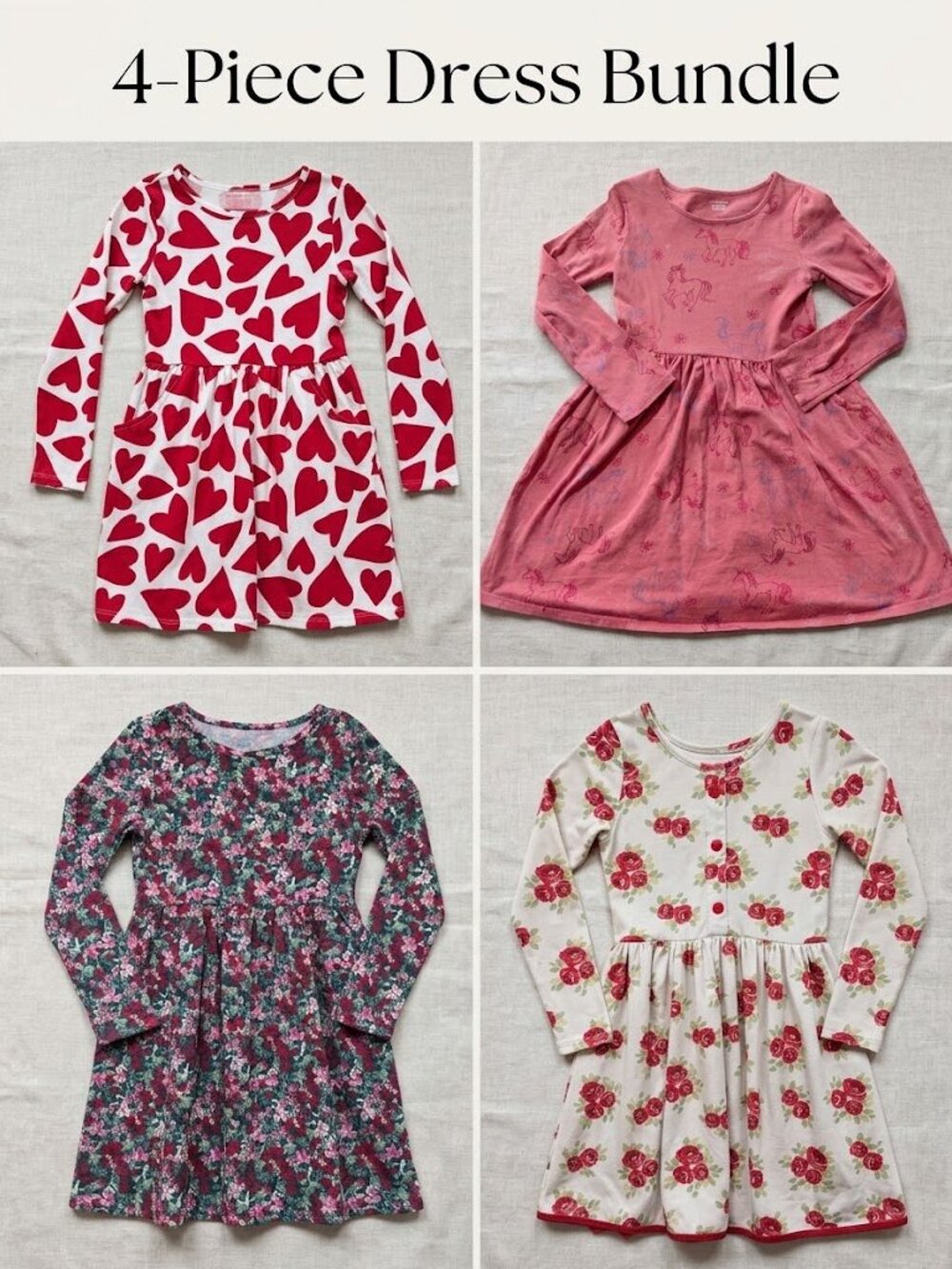 4 Piece Girl's Long Sleeve Dress Bundle